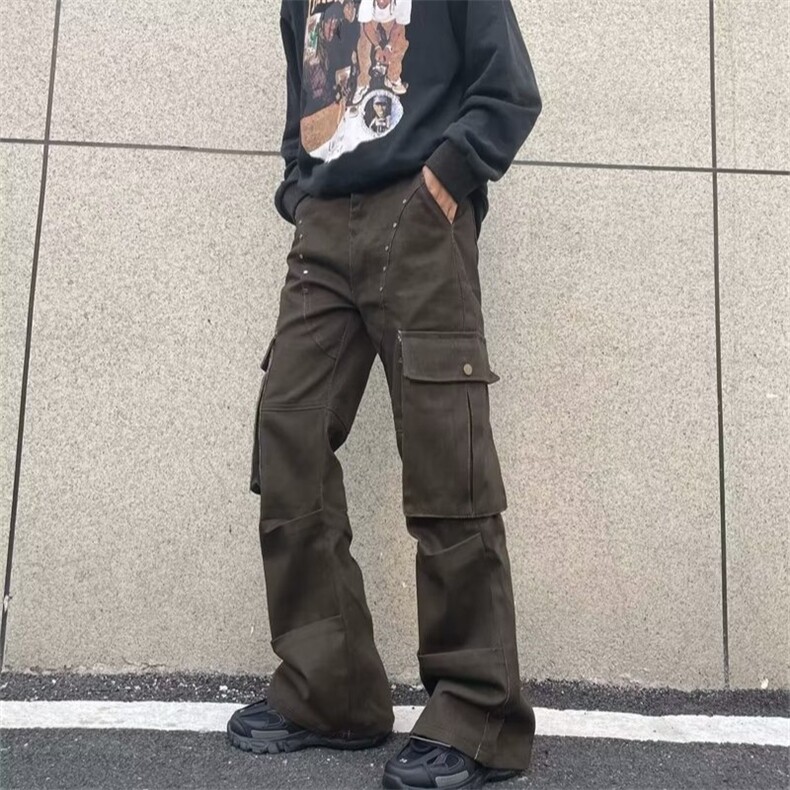 美式柳丁多口袋工装牛仔裤男美拉德设计感迷彩微喇叭拖地裤P67,男装牛仔裤,四季星座218-1
