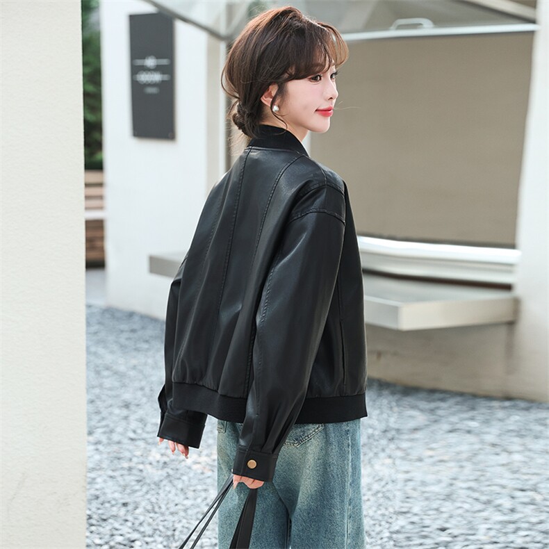 黑色皮衣夹克女2024春秋新款休闲港风复古高级感小个子棒球服外套,女装皮衣,跑量工厂店