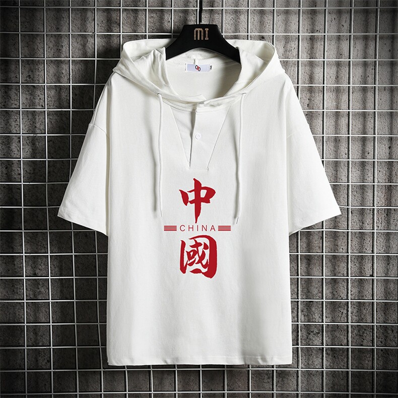 LD54198-P45连帽短袖t恤男大码胖子带帽五分袖中袖网格挂拍,男装T恤,电商A040A
