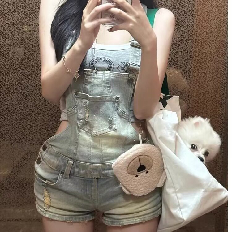 美式复古做旧辣妹破洞牛仔背带短裤女夏2025新款设计感小个子裤子,男装牛仔裤,星座506A