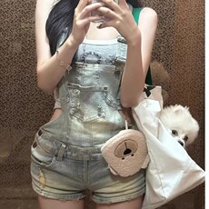 美式复古做旧辣妹破洞牛仔背带短裤女夏2025新款设计感小个子裤子，男装牛仔裤，星座506A