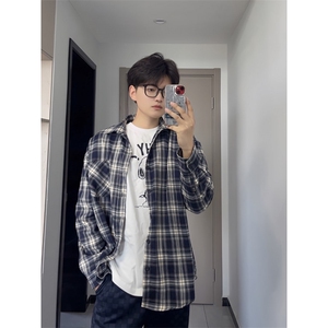 【有货】cleanfit藏青色格子衬衫男美式衬衣V3211LL-P38,淡蓝球鞋搭配图片