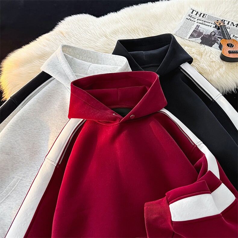 得物二开拼接加绒卫衣男连帽套头时尚外套A266-WY90-P50加绒60，女装短外套，电商A266