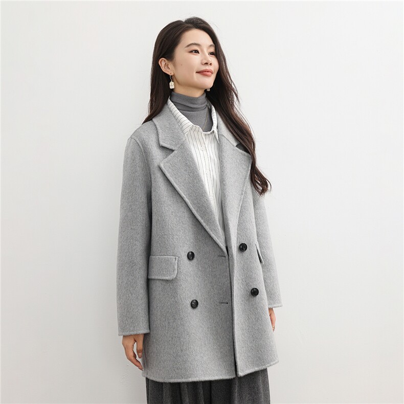 2025百搭时尚v领双排扣中长款大衣，女装双面呢大衣，高哲羊绒
