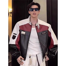 JK8574-P68美式pu皮衣飞行员夹克男款情侣拼接撞色痞帅高级感，男装皮衣，电商B323A