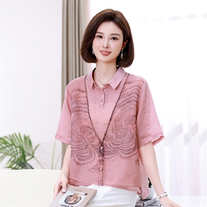 高端纯苎麻衬衫女2024新款夏季高级感中年妈妈气质假两件上衣小衫图片