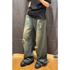 复古做旧破洞牛仔裤男港风休闲薄款宽松阔腿拖地直筒长裤，男装牛仔裤，星座410-6（原星座1304-1）