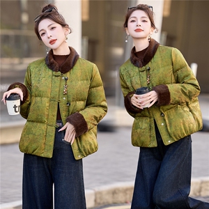 新中式盘扣羽绒服2025年冬季新款气质复古短款毛绒白鸭绒保暖外套图片