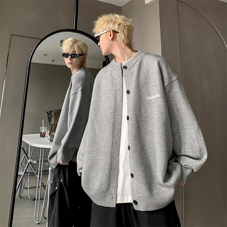 灰色慵懒风高级针织开衫外套男cleanfit美式宽松复古痞帅毛衣秋冬，男装针织衫/毛衣，电商A367