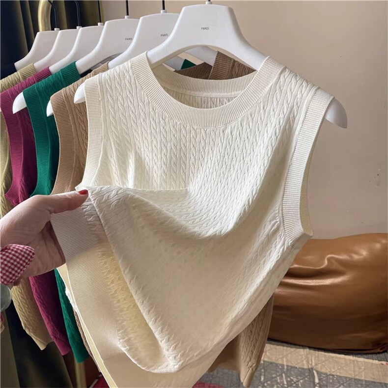 圆领麻花针织背心无袖上衣内搭打底衫外穿螺纹薄款，女装马甲，斯尔特羊绒