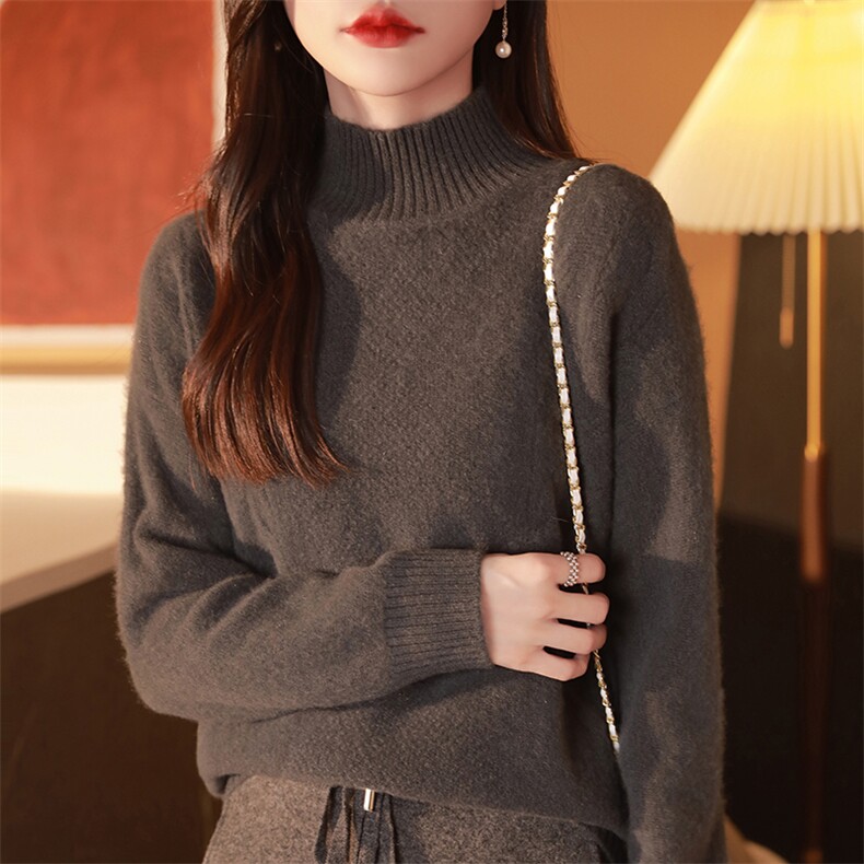 秋冬新款气质优雅半高领羊毛衫女宽松显瘦百搭毛衣,女装羊毛衫,邓利维