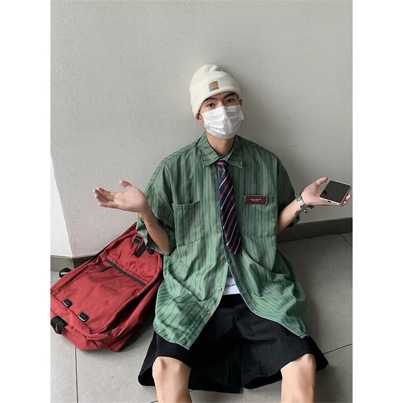 夏季新款日系复古小众翻领条纹短袖衬衫男女休闲宽松衬衣JQC02P33,男装衬衫,星座1116-2