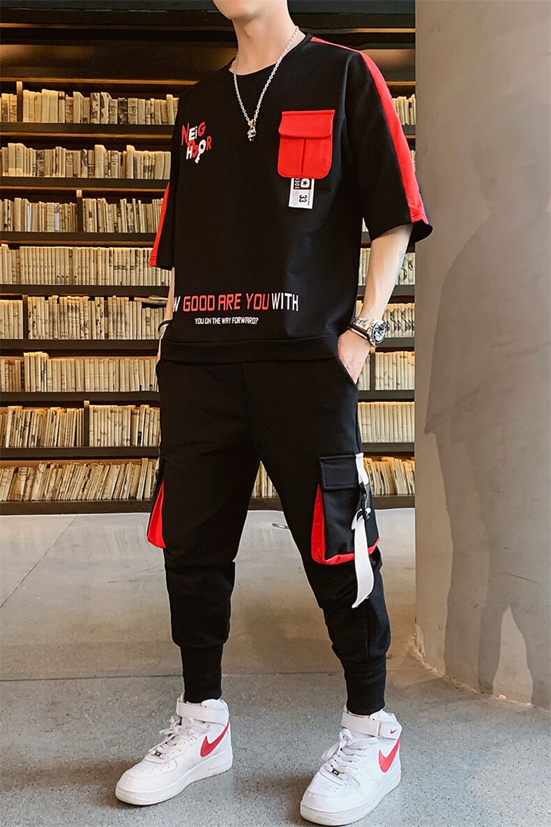 新款夏季短袖套装男棉质宽松潮牌T恤青少年时尚休闲两件套F160P75,男装休闲套装,电商A086