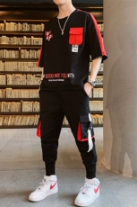 新款夏季短袖套装男棉质宽松潮牌T恤青少年时尚休闲两件套F160P75，男装休闲套装，电商A086