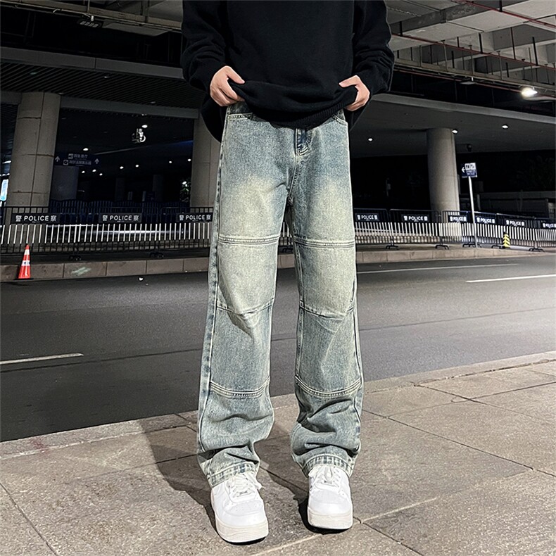 美式高街vibe风直筒长裤欧美痞帅男hiphop复古水洗牛仔裤图片