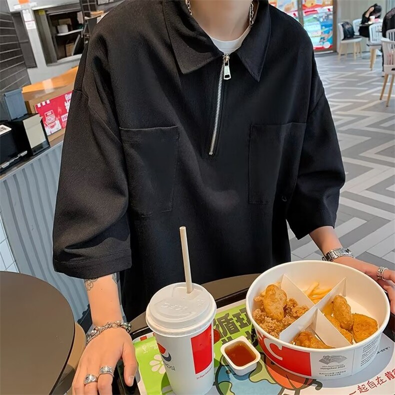 夏季纯色百搭POLO短袖男港风衬衫CS60 P33图片