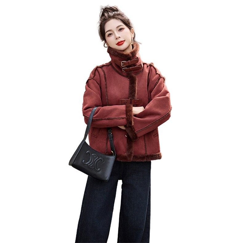 2025新款机车服皮毛一体仿貂毛休闲外套,女装棉衣/棉服,奕可儿