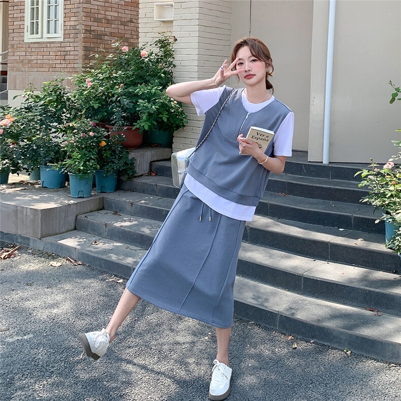 灰色设计感假两件t恤薄款时尚套装裙女夏季新款休闲半身裙两件套,女装套装/套裙,2C205