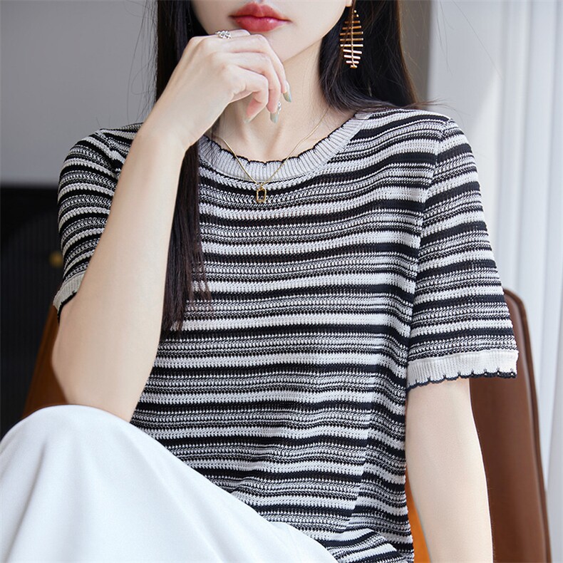 夏季花边圆领莱赛尔天丝半袖T恤女宽松撞色条纹休闲针织短袖上衣,针织衫/毛衣,郡淞羊绒