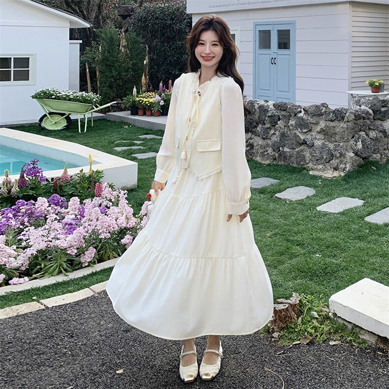 两件套春季挂脖款长袖纯色连衣裙甜美法式复古裙子小香风春秋显瘦,女装套装/套裙,浪娴服饰