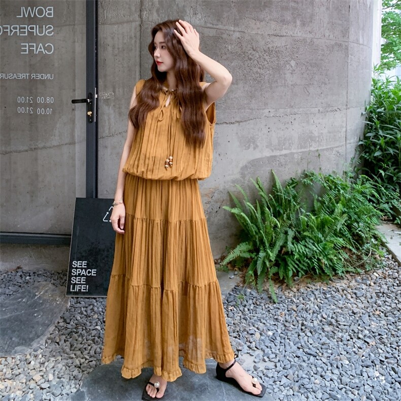 黄色无袖上衣半身裙套装女夏2025新款法式减龄气质长裙两件套爆款,女装套装/套裙,秋水欣儿