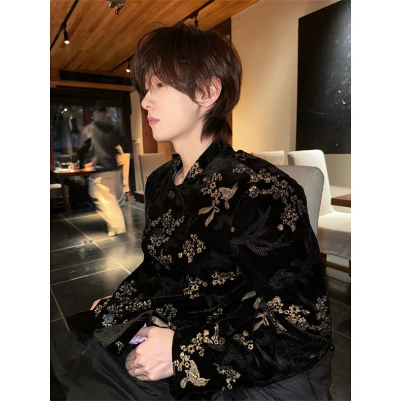C3168518P138新中式复古黑色丝绒刺绣风夹克外套,男装夹克,电商C316