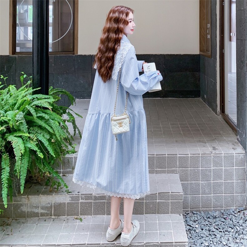 减龄少女感条纹蕾丝拼接连衣裙2025秋季气质日系温柔甜美风衬衫裙,女装连衣裙,2D116