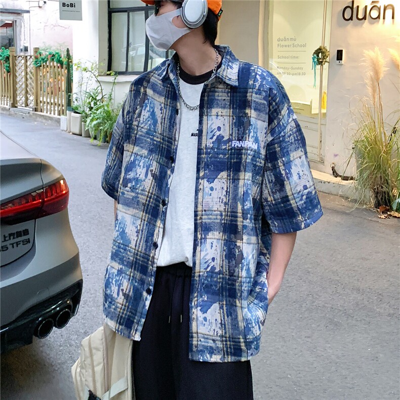 2026夏美式扎染刺绣格子短袖衬衫衬衣五分袖 CS1805/特P35 蓝色9图片