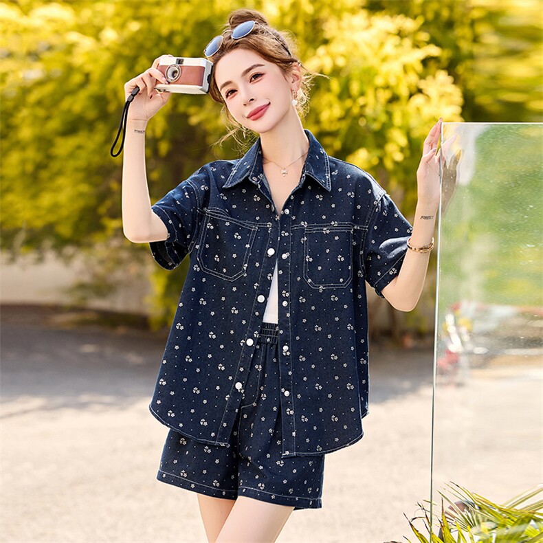 休闲复古印花牛仔套装女2025夏季新款短袖衬衫洋气减龄短裤两件套,女装套装/套裙,芭米依尚