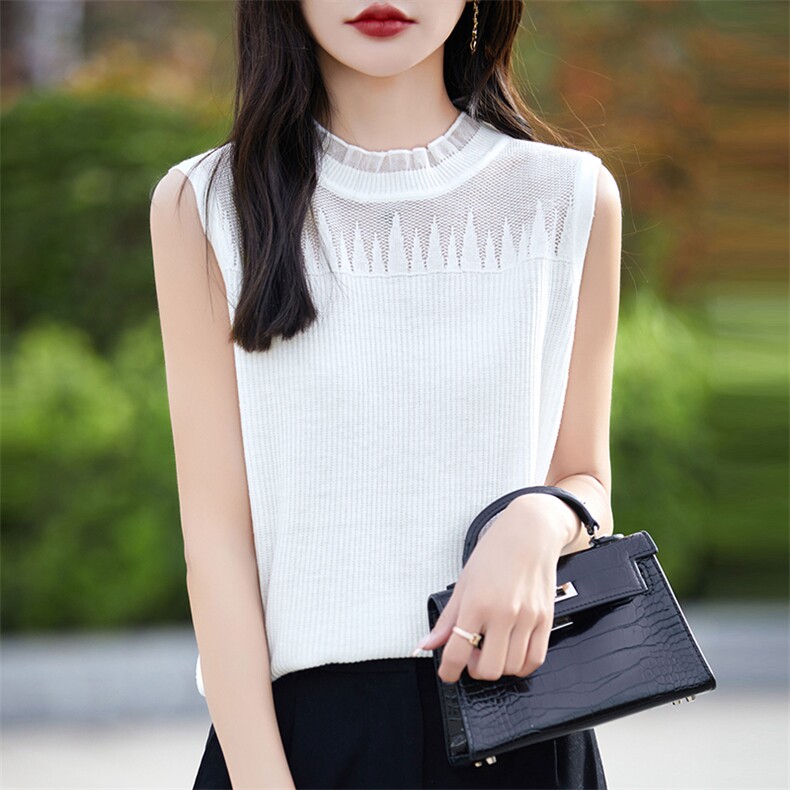 2025年秋季常规套头单件蕾丝木耳领无袖背心时尚百搭，女装背心吊带，暖烁羊绒