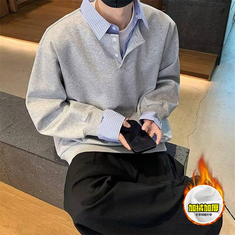 重磅加绒硬挺boxy男女美式高街假两件衬衫领长袖卫衣POLO领打底衫，男装T恤，电商A486-1