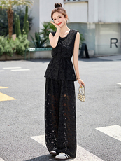 2025夏日穿搭一整套气质高级感超好看蕾丝镂空阔腿裤长裤两件套，女装套装/套裙，妙形