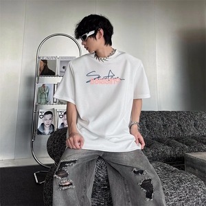 抖音得物供货210克现货宽松纯棉美式潮牌印花落肩袖纯棉T恤AT2167图片