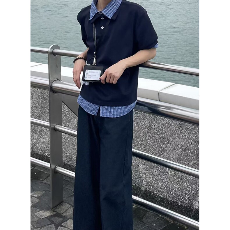 得物抖音高品质二开夏季美式潮牌高街假两件格子衬衣翻领短袖T恤,男装T恤,电商A486