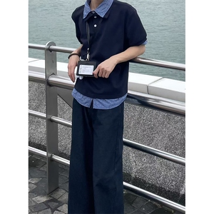得物抖音高品质二开 夏季美式潮牌高街假两件格子衬衣翻领短袖T恤图片