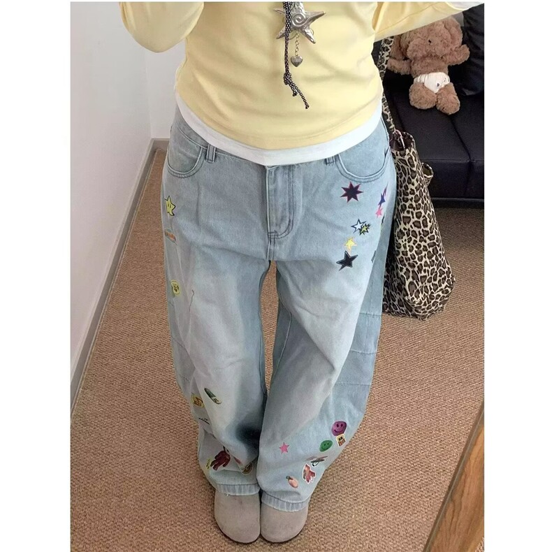 女童牛仔裤秋季2025新款儿童宽松直筒刺绣水洗软牛仔休闲裤子春秋,男装牛仔裤,星座506A