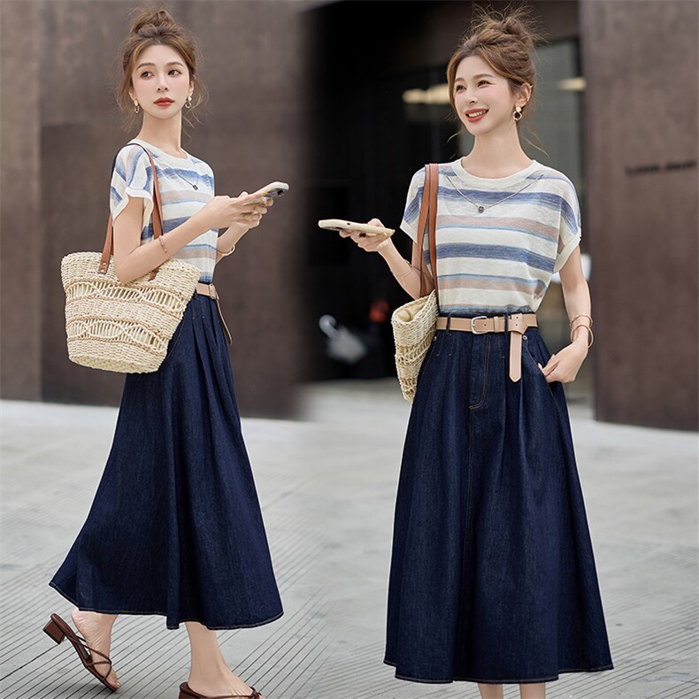 假两件拼接休闲显瘦套裙2025夏季新款时尚收腰显瘦减龄衬衫半身裙，女装套装/套裙，意芙