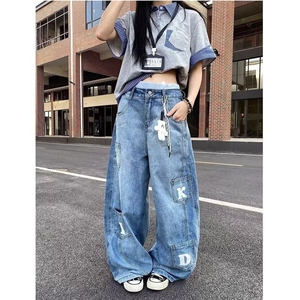 多口袋弯刀牛仔裤男女字母贴袋廓形休闲裤宽松垂感拖地裤NZY760图片
