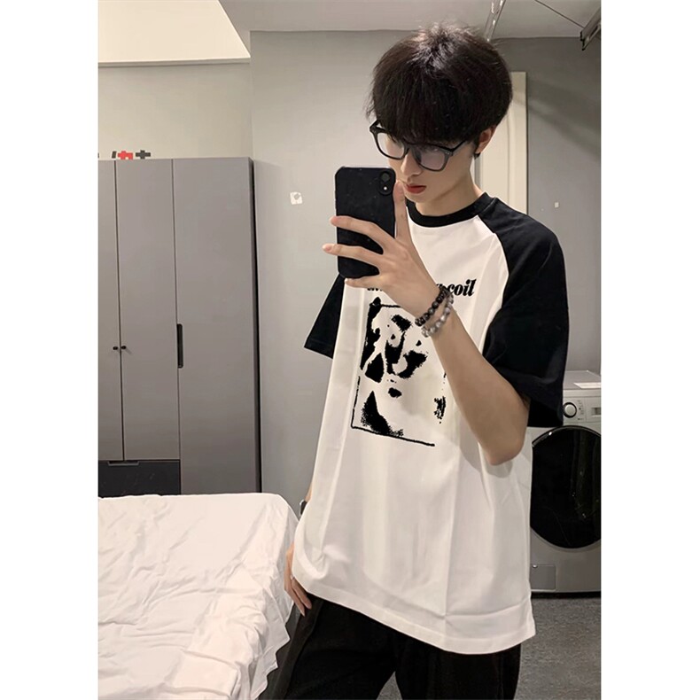 抖音得物高品质二开240克宽松纯棉美式潮牌插肩袖拼接短袖T恤,男装T恤,电商A486