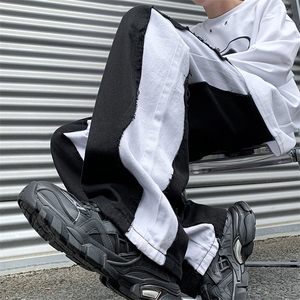 8XL-M 特大码美式高街ins小众vibe鸳鸯黑白拼接直筒牛仔裤K929P60图片