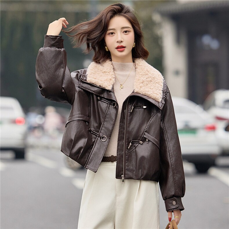 时尚羊羔毛翻领PU皮羽绒服女2025冬季新款加厚保暖白鸭绒皮衣外套,女装短外套,E百度