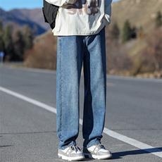 港风做旧高街直筒牛仔裤男士宽松休闲韩版潮流休闲阔腿长裤子P50，男装牛仔裤，星座205-1