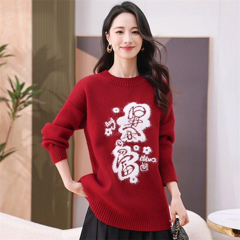 现货圣诞穿搭新年红色毛衣秋冬季加厚大码显瘦宽松针织衫正肩上衣，女装羊毛衫，韩然一族