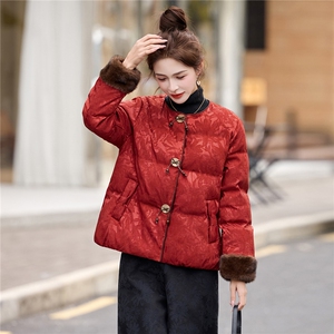 现货2025年冬装新款中式民族风羽绒服时尚宽松显瘦复古提花外套女图片
