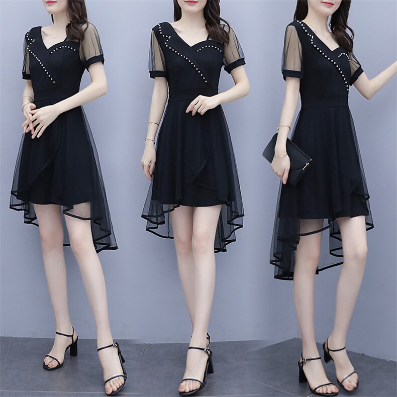 大码女装2021年夏装新款女神范钉珠显瘦不规则网纱气质短袖连衣裙，女装大码女装，潮品会