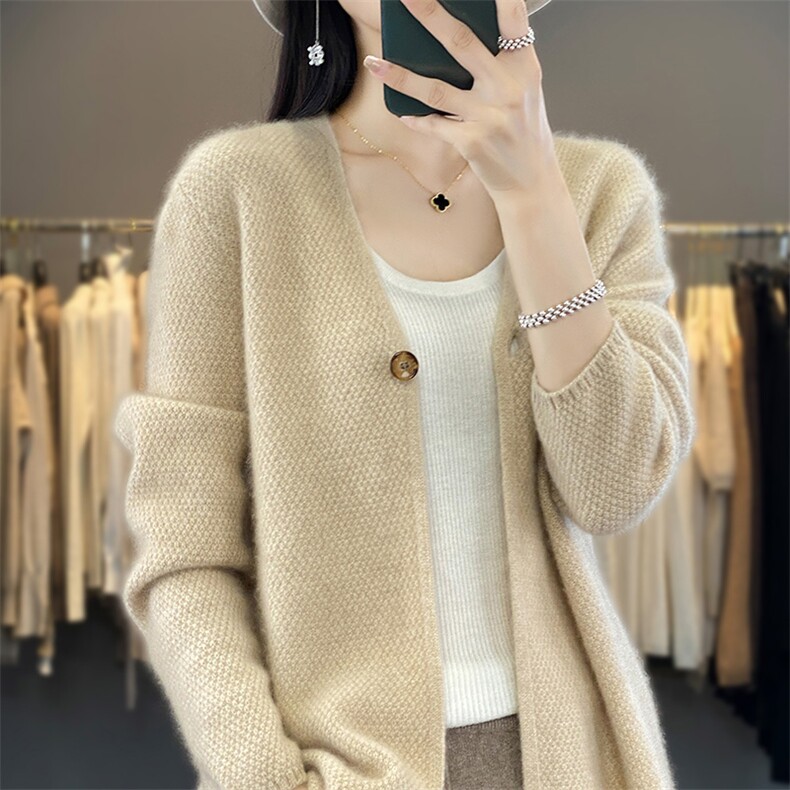 24秋冬新款100%纯羊绒开衫女一粒扣V领宽松百搭长袖羊毛针织外套,女装羊毛衫,片语羊绒