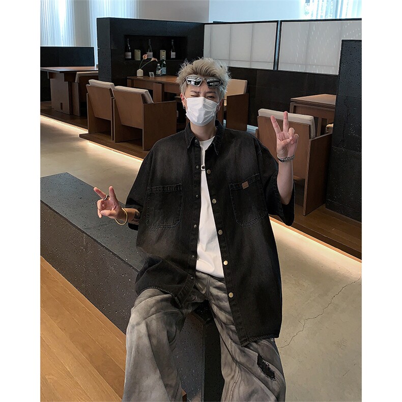 2024新款街头美式小众水洗染牛仔衬衫男短袖宽松现货W8262-P54,男装衬衫,星座512-4