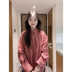 TC672-p45美式复古腊肠小狗红色格子衬衫女春季2025，女装衬衫，星座617A-2