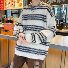 水貂绒条纹圆领毛衣男士秋冬季潮牌宽松慵懒风情侣针织衫外套7181，男装针织衫/毛衣，星座506