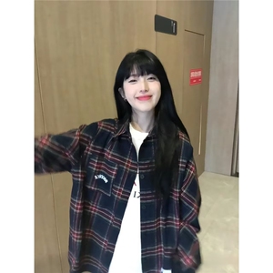 2025潮牌美式刺绣格纹高街长袖衬衫男女春季街头宽松情侣休闲衬衣图片